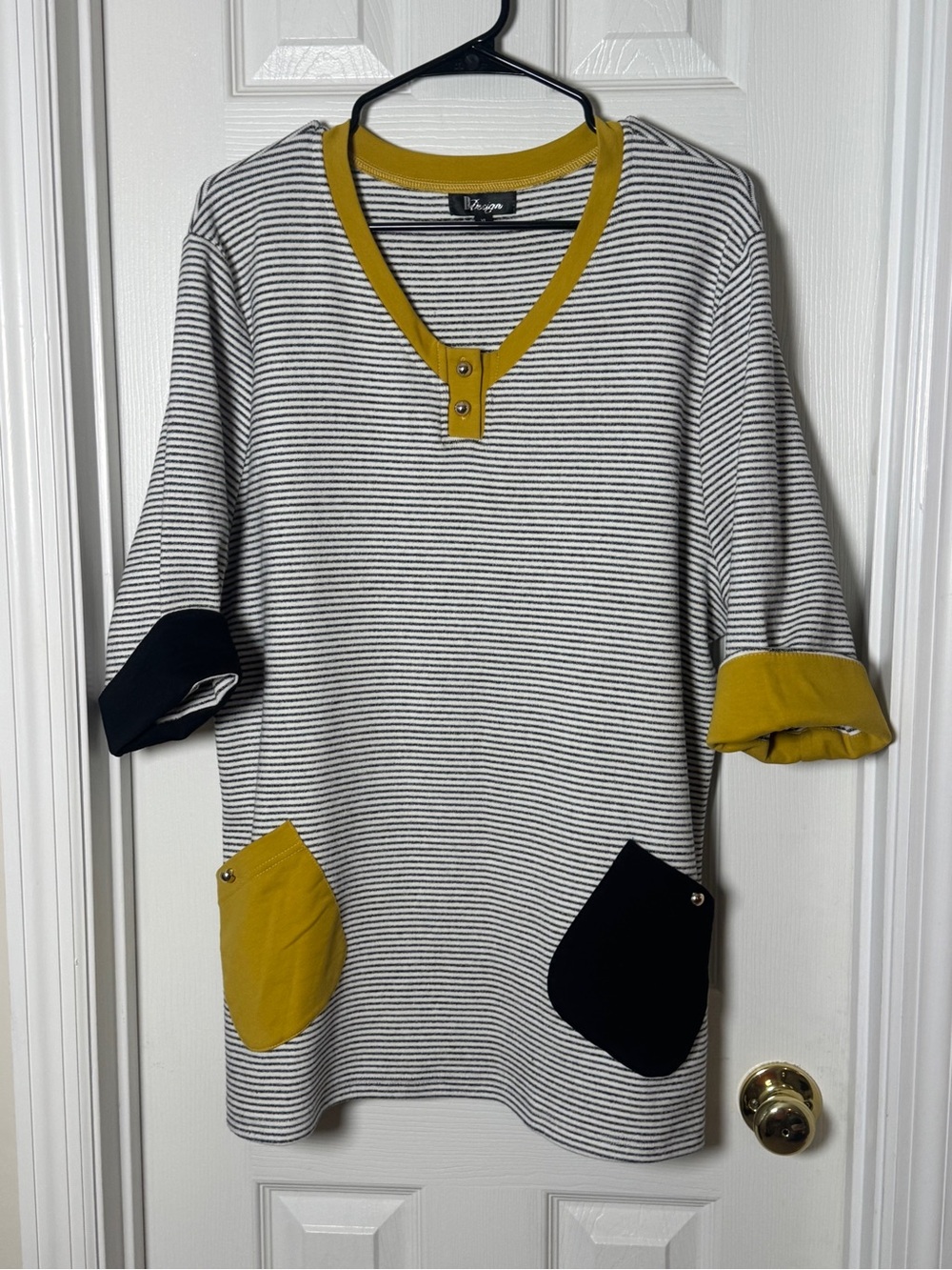 D Design Striped Henley Colorblock Pocket Tunic Top Shirt - Size XL